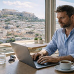 Ein internationaler Fachmann arbeitet an seinem Laptop in einem modernen Café in Athen.