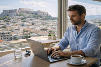 Ein internationaler Fachmann arbeitet an seinem Laptop in einem modernen Café in Athen.