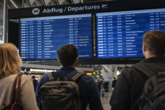 Πίνακας αναχωρήσεων σε αεροδρόμιο της Γερμανίας με ταξιδιώτες να περιμένουν