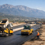 Bauarbeiten an einer neuen modernen Autobahn in Griechenland unter blauem Himmel mit schwerem Gerät
