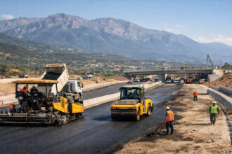 Bauarbeiten an einer neuen modernen Autobahn in Griechenland unter blauem Himmel mit schwerem Gerät