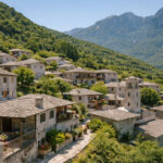 Ein traditionelles Steindorf in den Bergen von Epirus, Griechenland, umgeben von grüner Natur