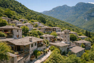 Ein traditionelles Steindorf in den Bergen von Epirus, Griechenland, umgeben von grüner Natur