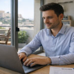 Ein junger griechischer Berufstätiger bereitet sich in einem modernen Büro auf ein Vorstellungsgespräch vor