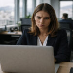 Eine junge Arbeitnehmerin sitzt vor einem Laptop in einem modernen Büro in Griechenland und blickt ernst.