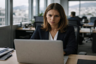 Eine junge Arbeitnehmerin sitzt vor einem Laptop in einem modernen Büro in Griechenland und blickt ernst.