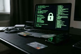 Σκοτεινή οθόνη υπολογιστή με πράσινους κωδικούς και ψηφιακά νομίσματα δίπλα σε πιστωτικές κάρτες