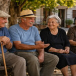 Ältere Menschen sitzen auf einem traditionellen Dorfplatz in Griechenland, was die demografische Krise symbolisiert