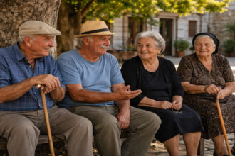 Ältere Menschen sitzen auf einem traditionellen Dorfplatz in Griechenland, was die demografische Krise symbolisiert