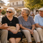 Ältere Menschen sitzen in Griechenland auf einer Bank und verdeutlichen die zunehmende Alterung der Gesellschaft