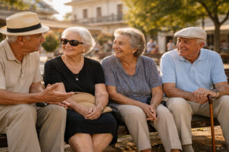 Ältere Menschen sitzen in Griechenland auf einer Bank und verdeutlichen die zunehmende Alterung der Gesellschaft