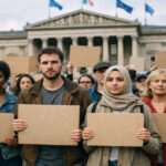 Eine Menschenmenge steht vor einem Regierungsgebäude in Europa und fordert mehr demokratische Rechte.