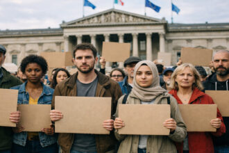 Eine Menschenmenge steht vor einem Regierungsgebäude in Europa und fordert mehr demokratische Rechte.