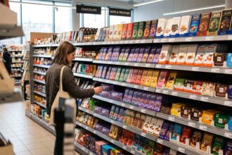 Διάδρομος γερμανικού σούπερ μάρκετ με έμφαση στα ράφια με σοκολάτες, αποτυπώνοντας το ζήτημα του shrinkflation