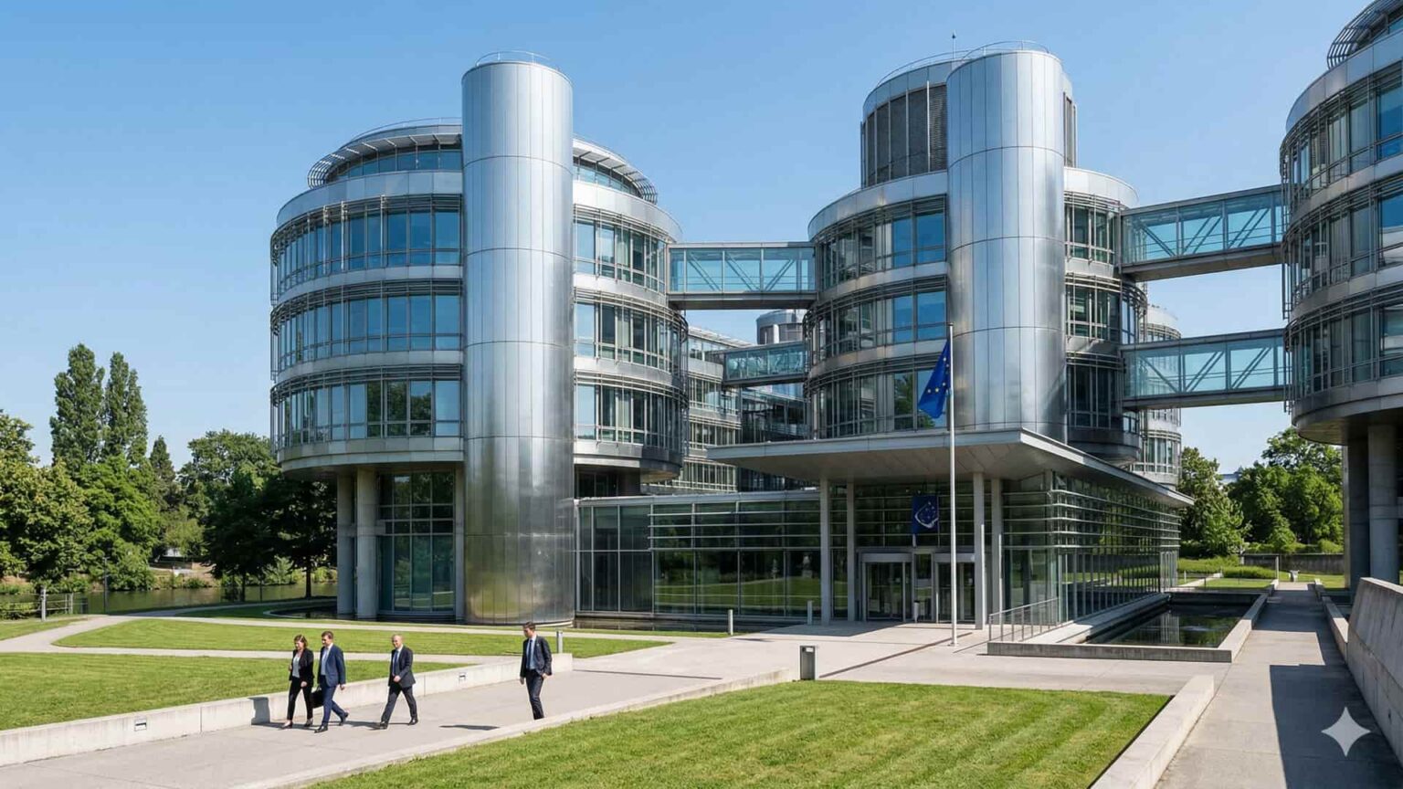 Το κτίριο του Ευρωπαϊκού Δικαστηρίου Ανθρωπίνων Δικαιωμάτων με σημαίες της Ευρωπαϊκής Ένωσης