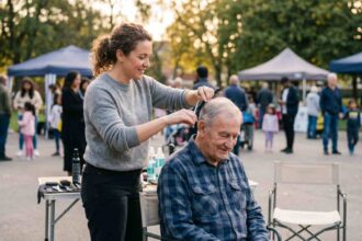 Εθελοντής κομμωτής περιποιείται ηλικιωμένο κύριο σε εξωτερικό χώρο