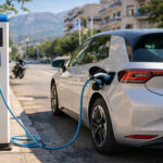 Ein neues Elektrofahrzeug wird an einer modernen Ladestation in einer griechischen Stadt aufgeladen