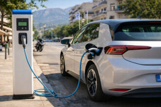 Ein neues Elektrofahrzeug wird an einer modernen Ladestation in einer griechischen Stadt aufgeladen