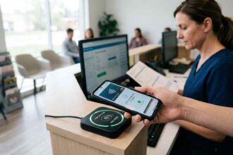 Ασθενής χρησιμοποιεί το κινητό του τηλέφωνο σε τερματικό ανάγνωσης στο γραφείο υποδοχής ιατρείου