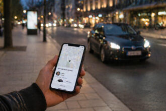 Επιβάτης κρατάει κινητό τηλέφωνο με εφαρμογή κλήσης οχήματος στους δρόμους της πόλης