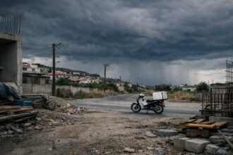 Ein verlassenes Baustellengelände in Griechenland während eines aufziehenden Unwetters