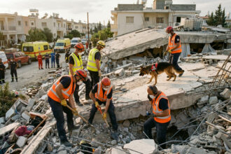 Rettungskräfte suchen in Trümmern nach eingestürztem Gebäude in Germasogeia auf Zypern