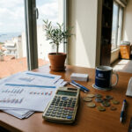 Finanzdiagramme und Euro-Münzen auf einem Schreibtisch symbolisieren die wirtschaftliche Entwicklung in Griechenland.