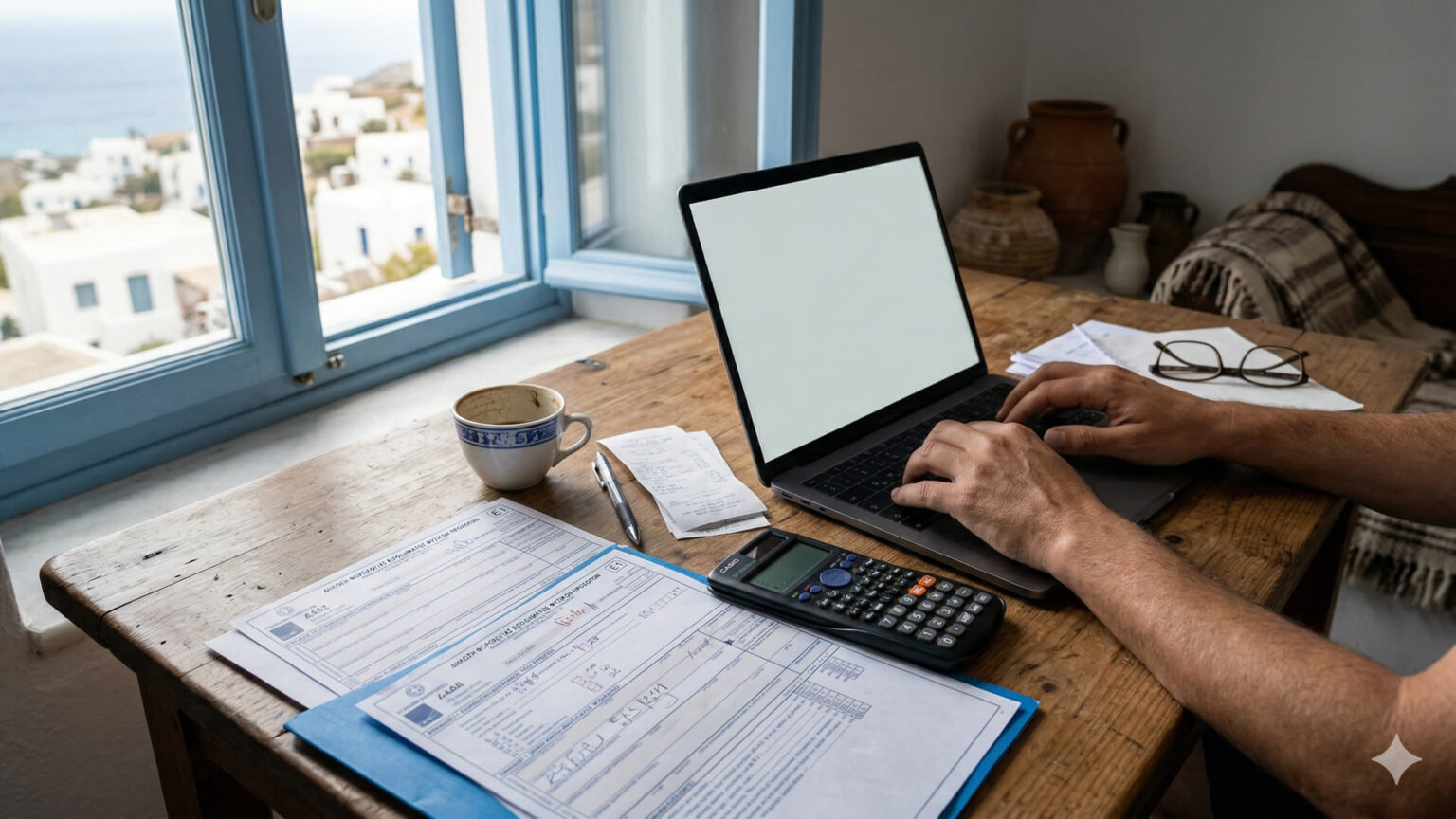 Eine Person füllt eine Steuererklärung am Computer aus, daneben liegen Dokumente der AADE