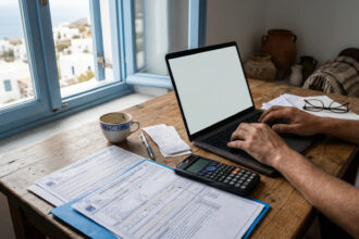 Eine Person füllt eine Steuererklärung am Computer aus, daneben liegen Dokumente der AADE