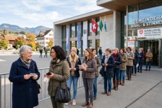 Γυναίκες ψηφοφόροι περιμένουν στην ουρά έξω από εκλογικό κέντρο στην Ελβετία