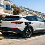 Ein modernes Elektroauto lädt an einer städtischen Ladestation in Griechenland bei Tageslicht.