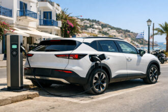 Ein modernes Elektroauto lädt an einer städtischen Ladestation in Griechenland bei Tageslicht.