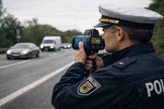 Αστυνομικός κρατά συσκευή ελέγχου ταχύτητας δίπλα σε κεντρικό δρόμο της Γερμανίας