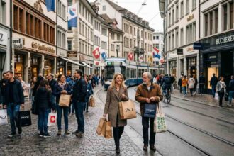 Άποψη κεντρικού εμπορικού πεζόδρομου στην Ελβετία με καταναλωτές να περπατούν κρατώντας τσάντες αγορών