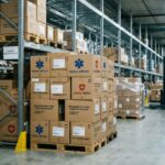 Κουτιά ιατρικών προμηθειών σε αποθήκη logistics κατά την περίοδο διαχείρισης της πανδημίας