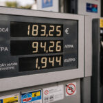 Ein griechischer Autofahrer blickt auf die hohen Preise an der Zapfsäule einer Tankstelle.