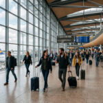 Ταξιδιώτες περπατούν σε μια υπερσύγχρονη και φωτεινή αίθουσα αναμονής αεροδρομίου