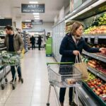 Διάδρομος σύγχρονου σούπερ μάρκετ με πελάτες που εξετάζουν προσφορές σε φρέσκα προϊόντα