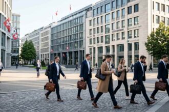 Σύγχρονα κτίρια διοίκησης και εργαζόμενοι στην Ελβετία κατά τις πρωινές ώρες