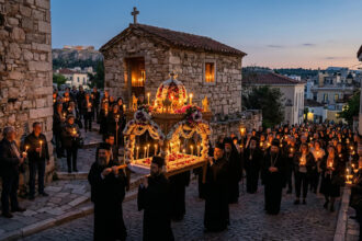 Orthodoxe Gläubige mit brennenden Kerzen folgen dem blumengeschmückten Epitaph während der Karfreitagsprozession in einem griechischen Dorf bei Nacht