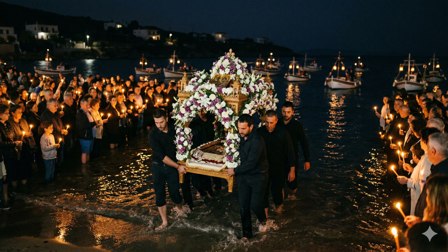 Eine griechisch-orthodoxe Epitaph-Prozession wird am Karfreitag von Gläubigen und Fischern in das dunkle Meerwasser getragen, beleuchtet von Laternen