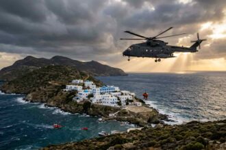 Ένα στρατιωτικό ελικόπτερο πραγματοποιεί αεροδιακομιδή ασθενούς ενισχύοντας το εθνικό σύστημα υγείας στους Λειψούς