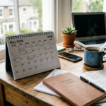 Ein gedruckter Kalender für das Jahr 2026 liegt neben einer Kaffeetasse und einem Stift auf einem Holzschreibtisch.