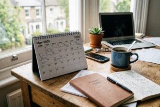 Ein gedruckter Kalender für das Jahr 2026 liegt neben einer Kaffeetasse und einem Stift auf einem Holzschreibtisch.