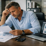 Ein frustrierter Geschäftsmann blickt auf finanzielle Dokumente in einem Büro in Griechenland