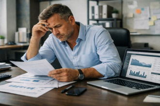 Ein frustrierter Geschäftsmann blickt auf finanzielle Dokumente in einem Büro in Griechenland