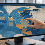Eine digitale Landkarte auf einem Computermonitor zeigt verschiedene farbig markierte Zonen im griechischen Meer.