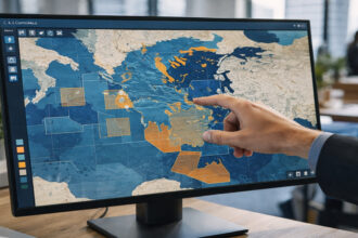 Eine digitale Landkarte auf einem Computermonitor zeigt verschiedene farbig markierte Zonen im griechischen Meer.