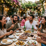 Eine Gruppe von Menschen sitzt an einem Tisch in einer griechischen Taverne und isst Fleischgerichte.