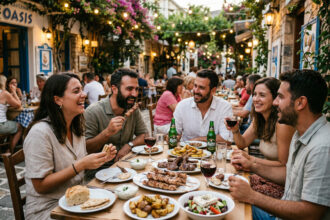 Eine Gruppe von Menschen sitzt an einem Tisch in einer griechischen Taverne und isst Fleischgerichte.